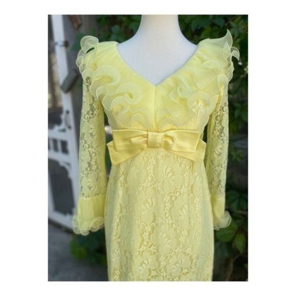 1950s Prom Dress Formal Sunny Yellow Evening Wedding Lace Bow Maxi Cupcake - Picture 4 of 16